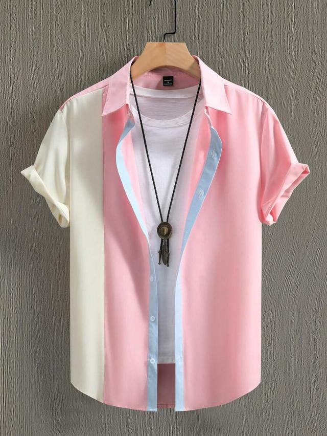 casual color block short sleeve button down shirt