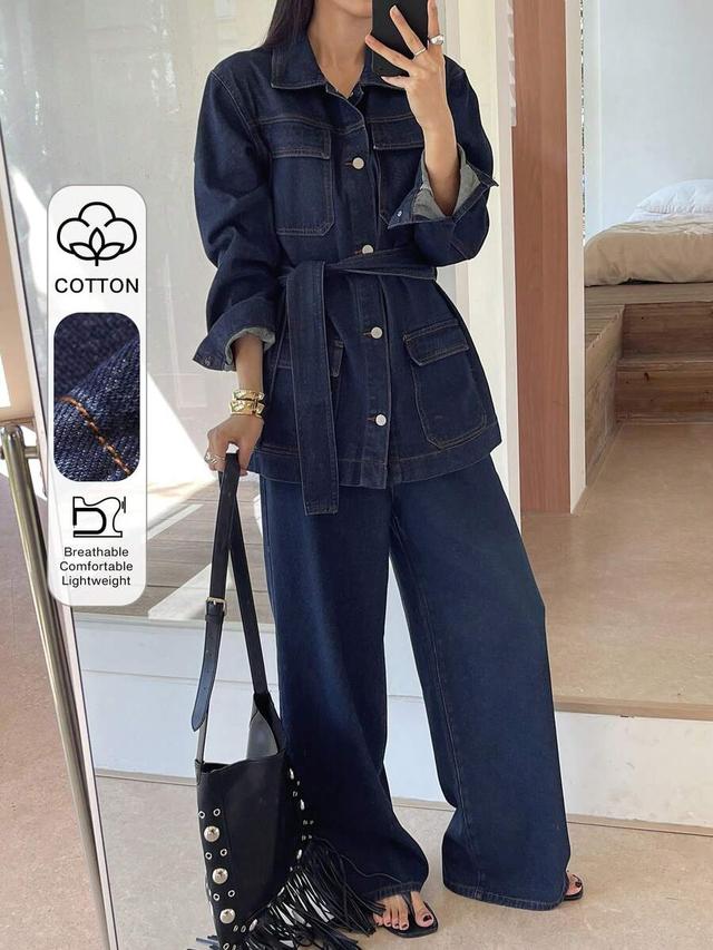 dazy women's solid color belted denim shirt and jeans set