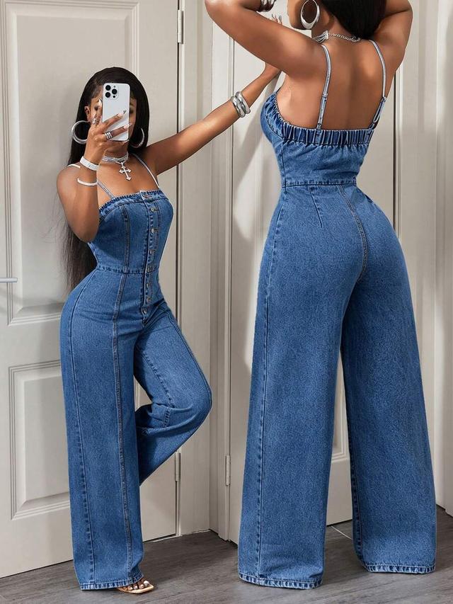 blue denim wide-leg jumpsuit with elasticated bodice