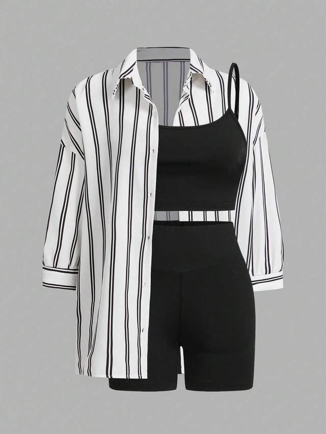 striped shirt with black tank top and shorts