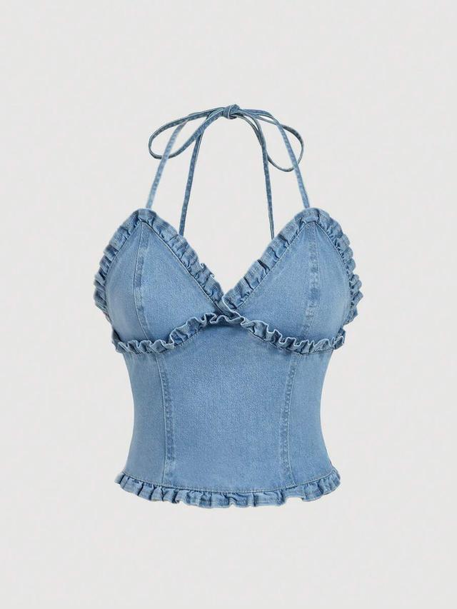 stretchy halter neck denim ruffle top