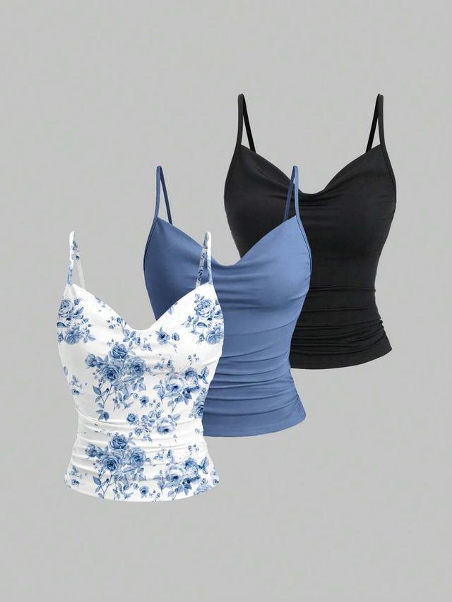 black slimming camisole top with cowl neck and ruching