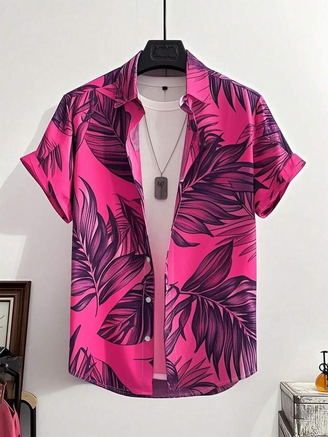 men's tropical plant print short sleeve vacation shirt