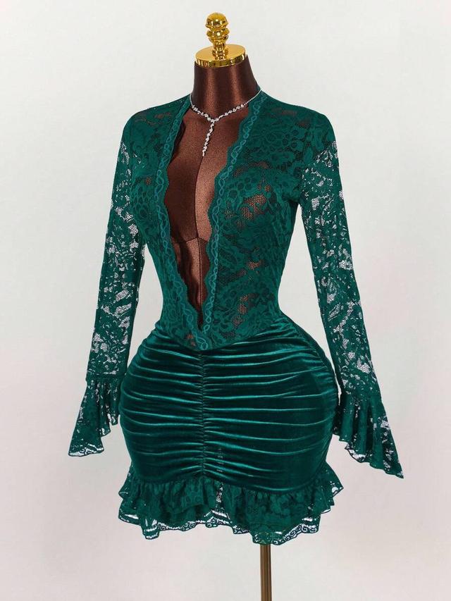 emerald green lace and velvet ruched mini dress