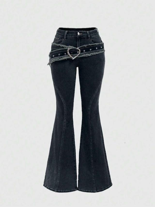 black denim flared jeans with heart buckle belt