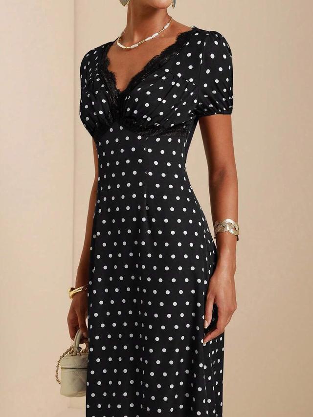 vesra women's polka dot print lace trim french style vacation dress