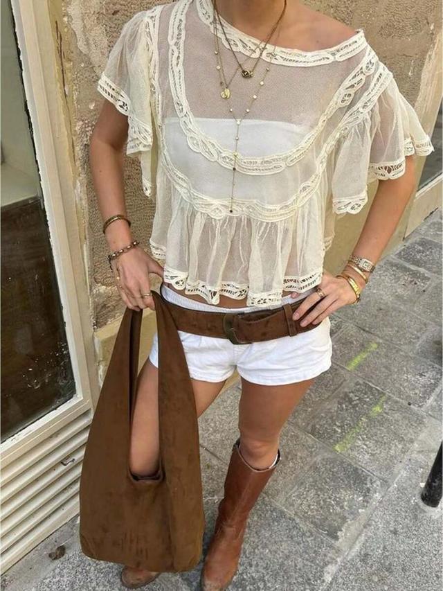 bohemian women's lace folded short sleeve top