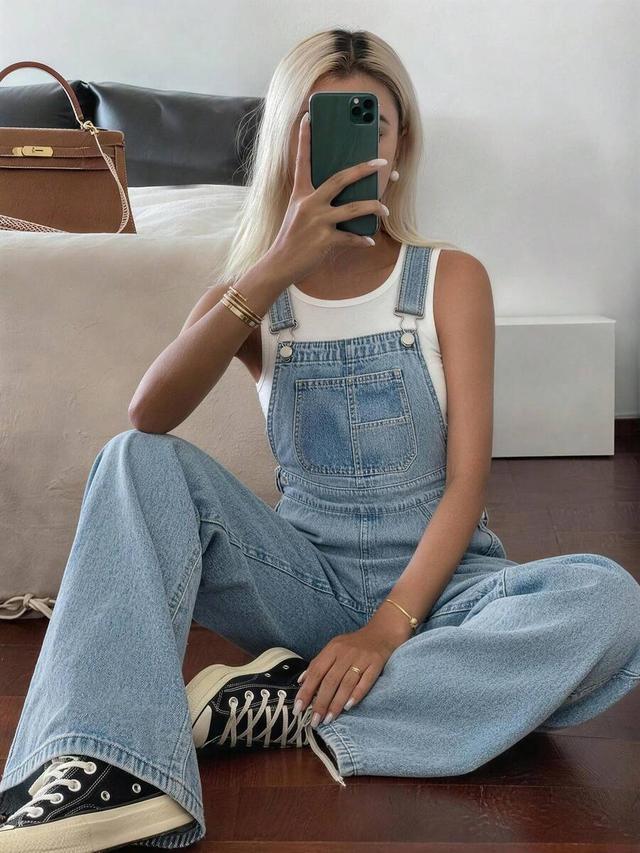 cute women's brown denim overall jumpsuit with straps