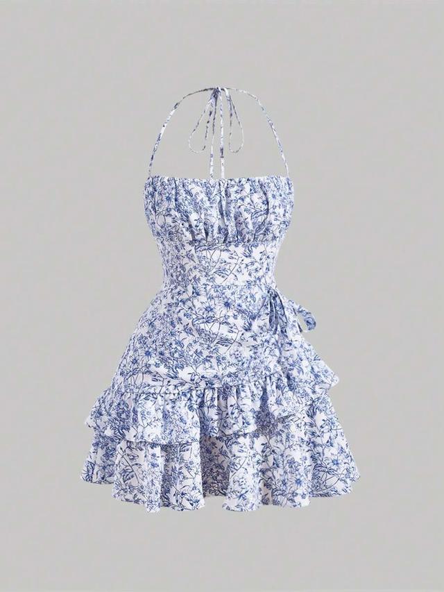 floral print ruffle trim backless halter summer dress
