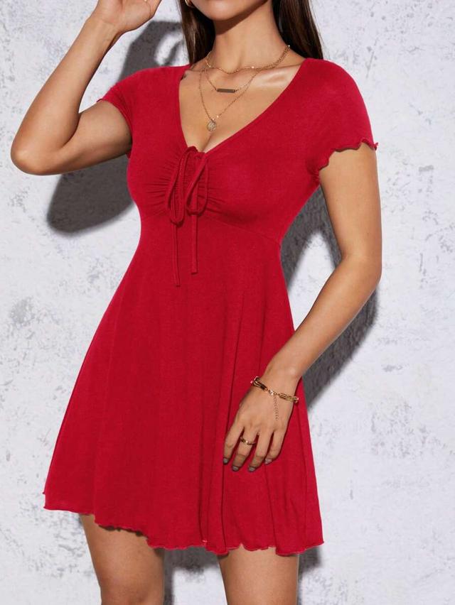 red lettuce trim drawstring front mini dress