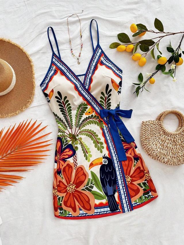 tropical palm leaf toucan print spaghetti strap wrap dress