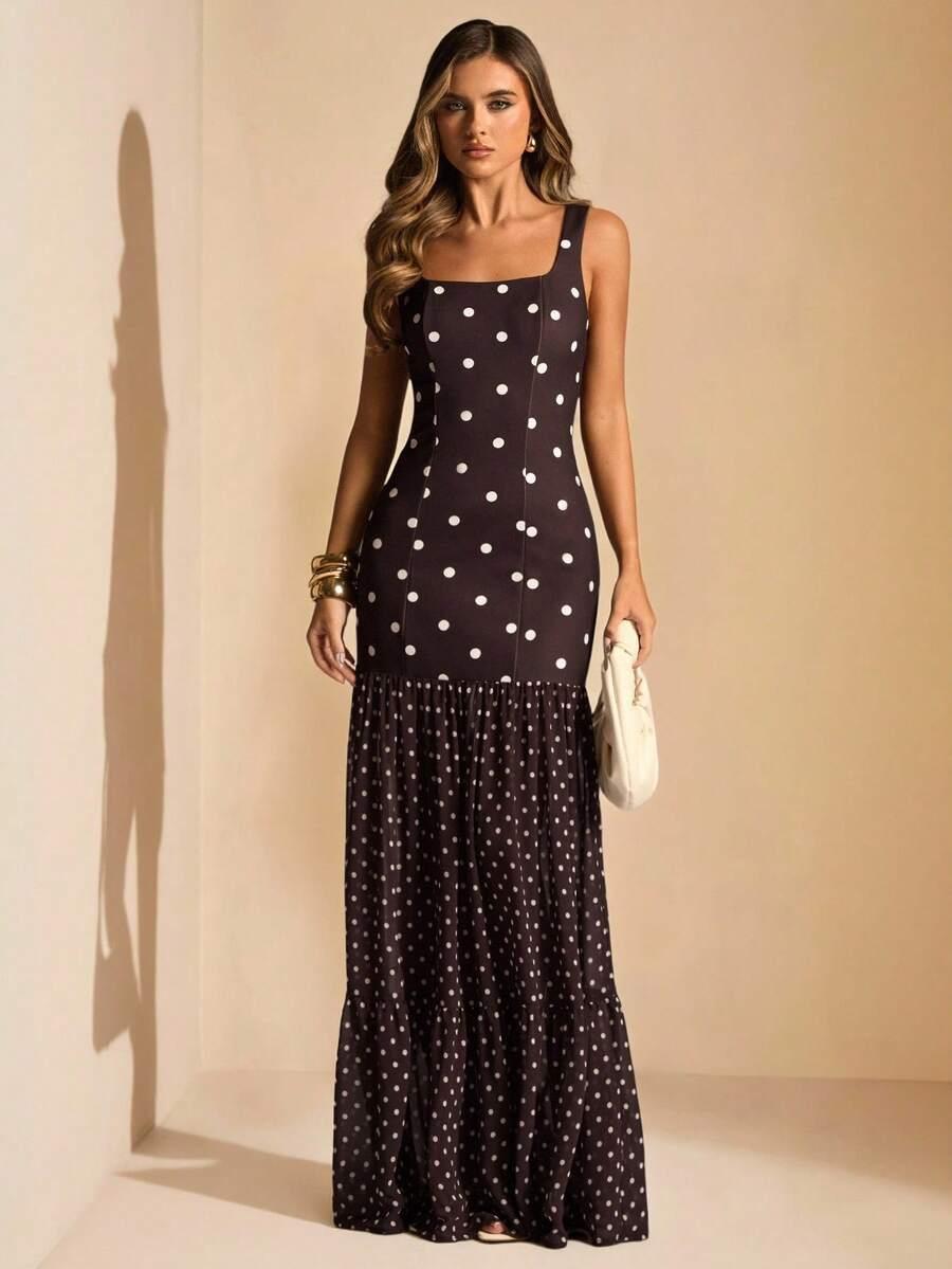 polka dot sleeveless bodycon maxi dress