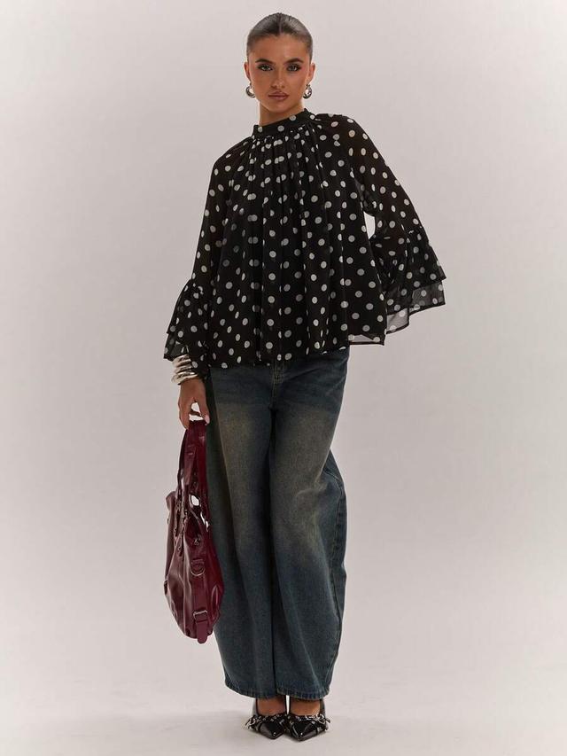 polka dot print round neck tiered sleeve blouse