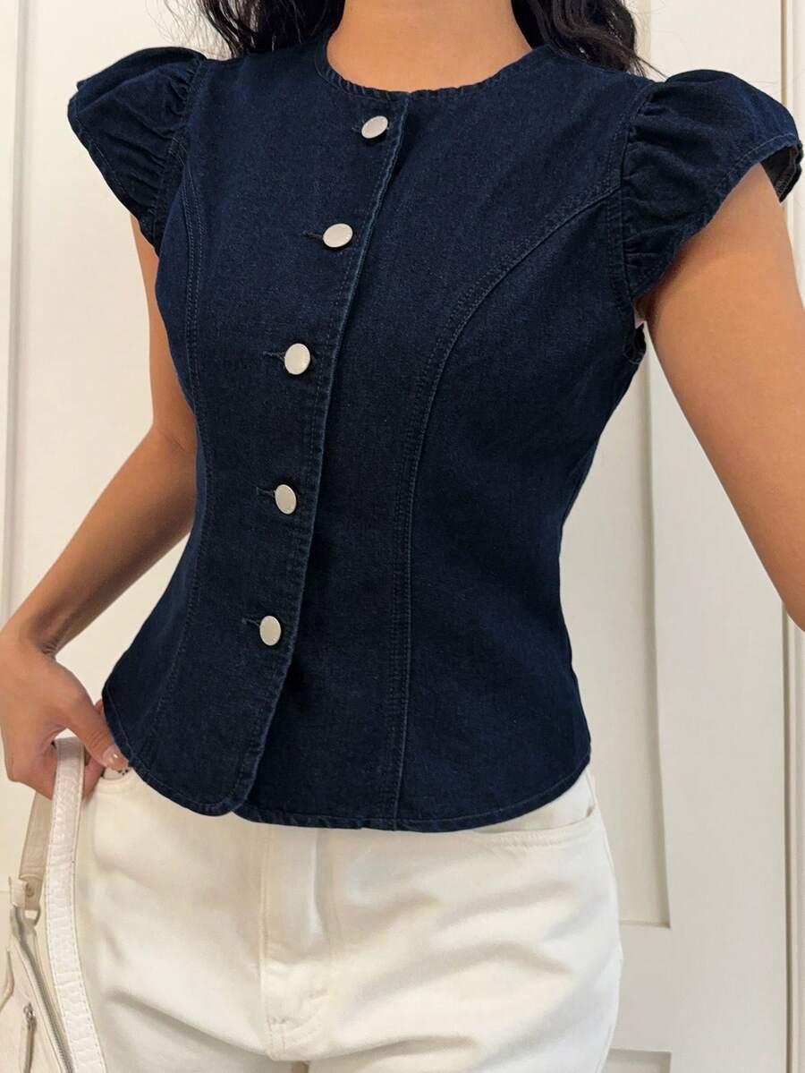 dark wash denim button-up top with puff sleeves