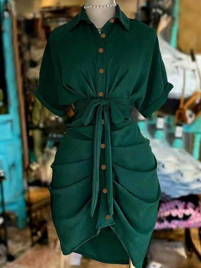 emerald green button-down shirt dress with waist tie