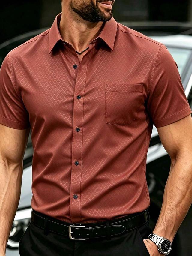 rust red diamond pattern short sleeve formal shirt