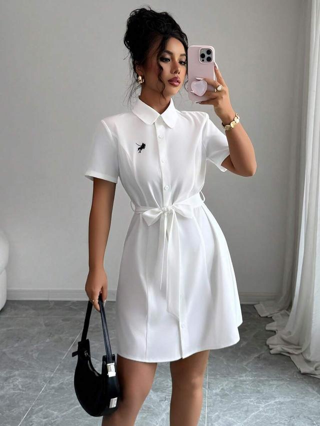 elenzga women's embroidered tie waist collar mini dress