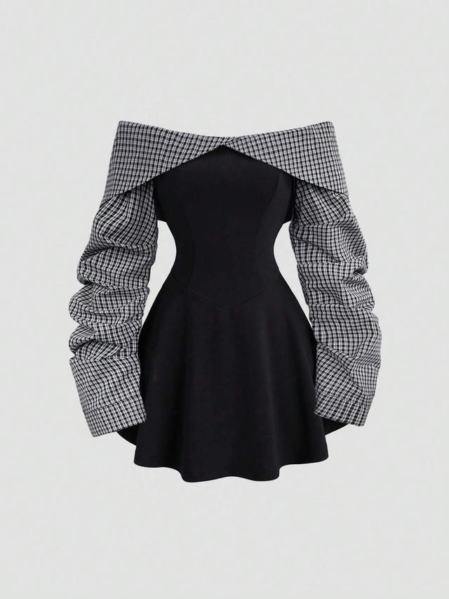 plaid collegiate style bardot ruched sleeve contrast mini dress