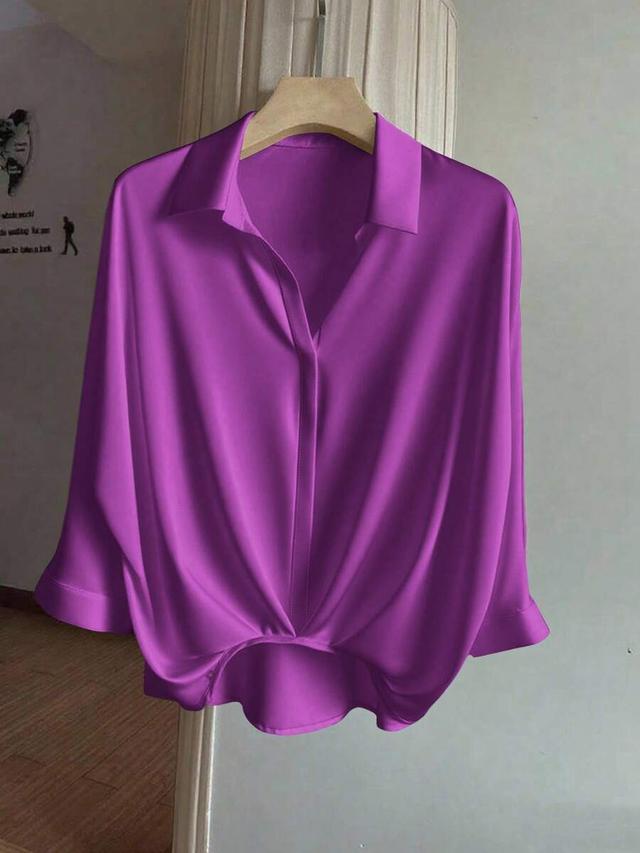purple silk blend pleated hem 3/4 sleeve blouse