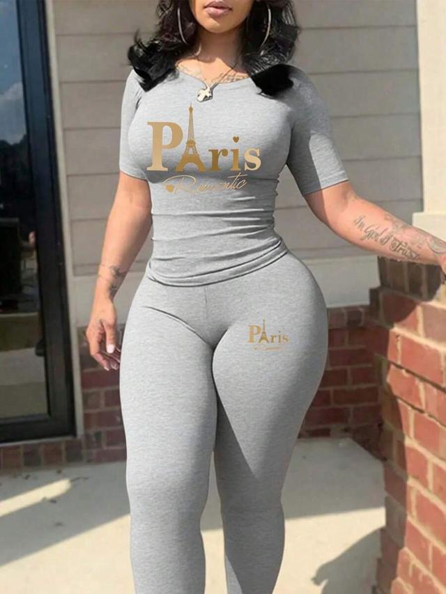 grey paris print short sleeve t-shirt and skinny pants