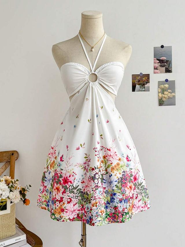 white floral butterfly print halter neck sundress
