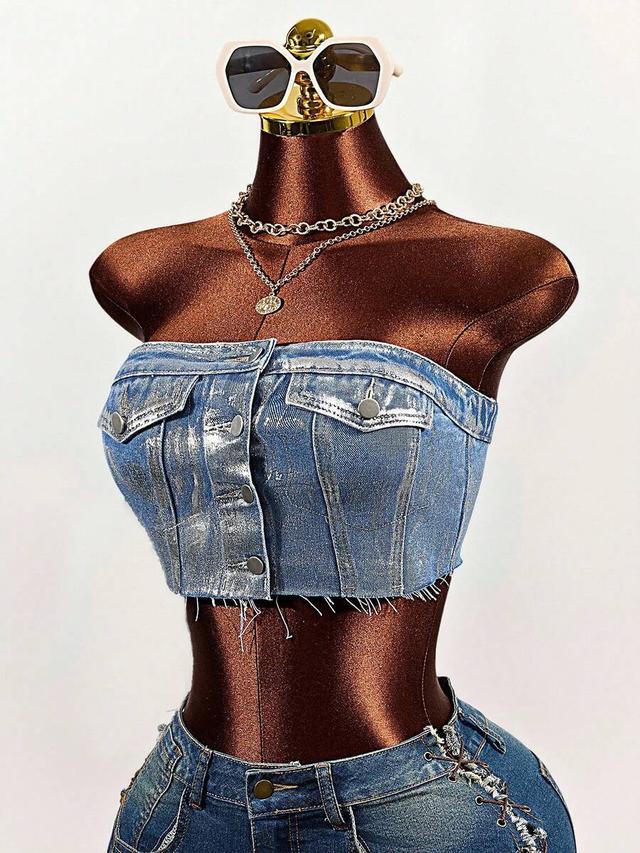 cropped denim bustier top with lace-up detail