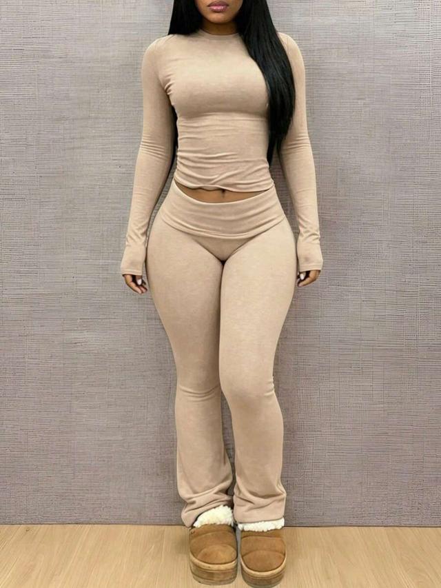 solid beige long sleeve top and pants set