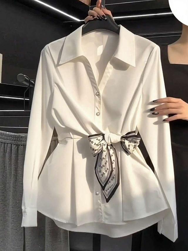 white long sleeve cinched waist scarf blouse