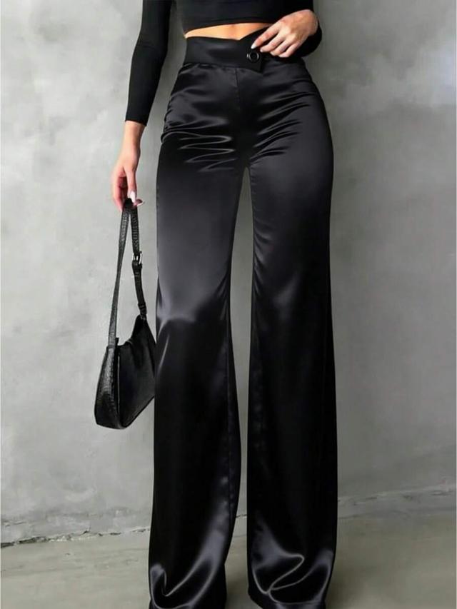 women's solid black satin high-waisted straight-leg pants