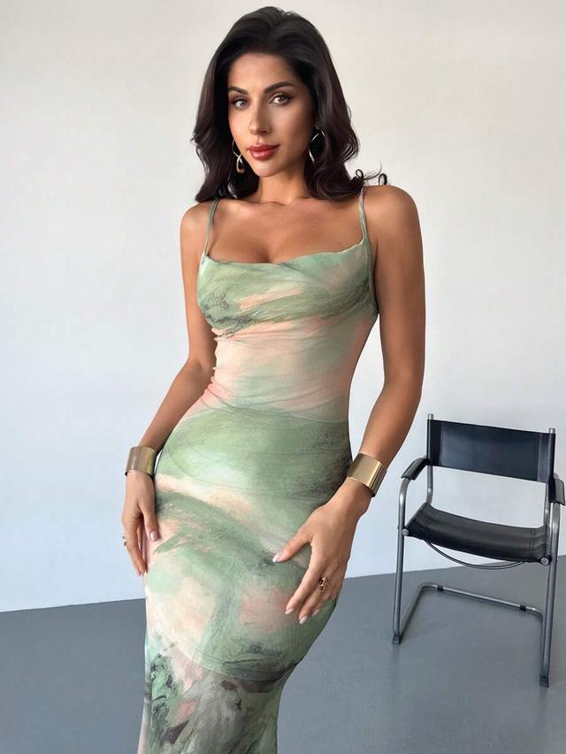 abstract floral print draped neck bodycon midi dress