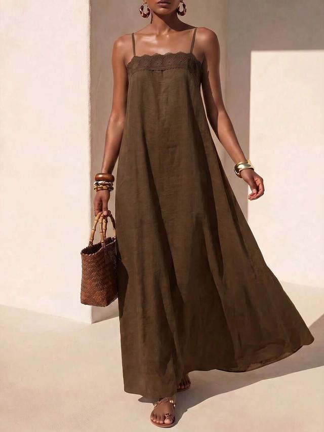 olive green linen maxi dress with lace trim