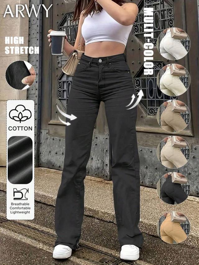 tan arwy women's solid black high waist straight leg jeans