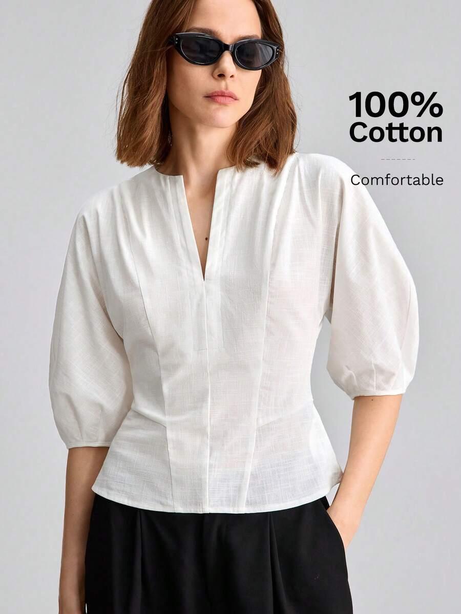 solid beige white cotton puff sleeve fitted blouse