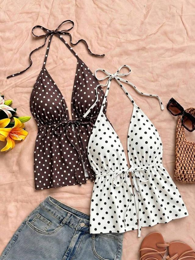 white two polka dot backless halter tie camisoles