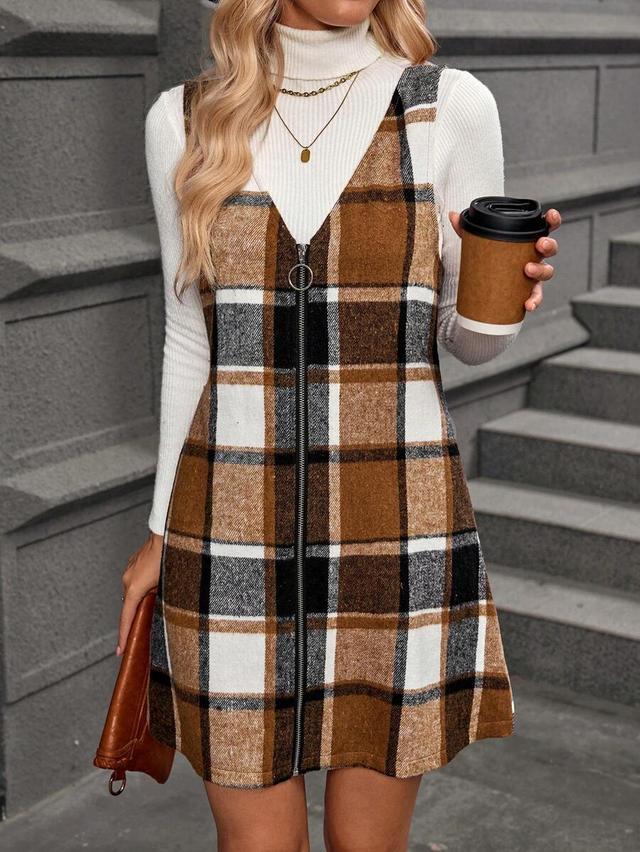plaid v-neck zip-up sleeveless pinafore dress