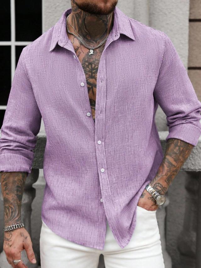 purple textured linen long sleeve button-up shirt