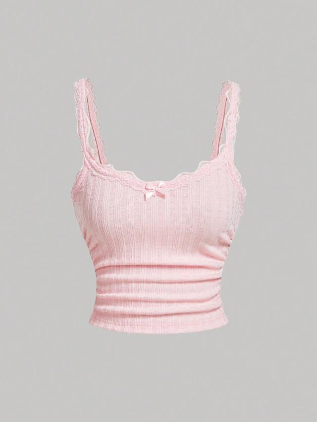 soft pink ribbed tank top with lace trim