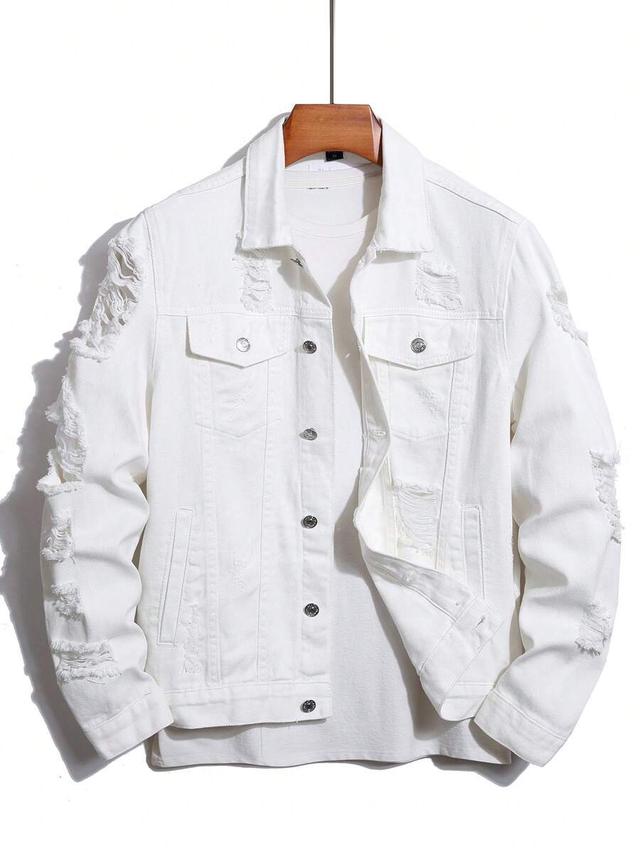 white ripped cotton denim long sleeve jacket