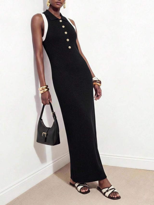 black and white color-blocked ribbed knit polo dress
