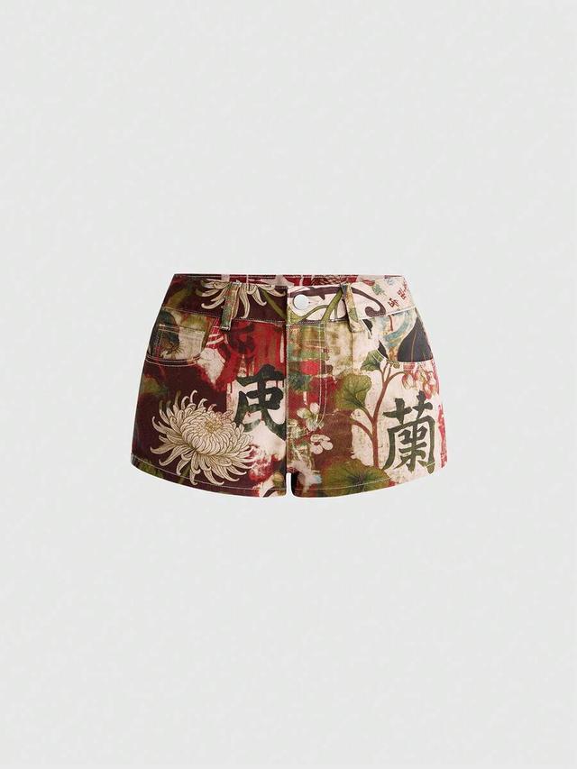 vintage chinese style floral collage print denim shorts