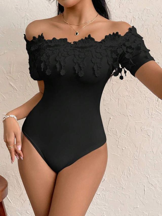 elegant lace trim off-shoulder black bodysuit