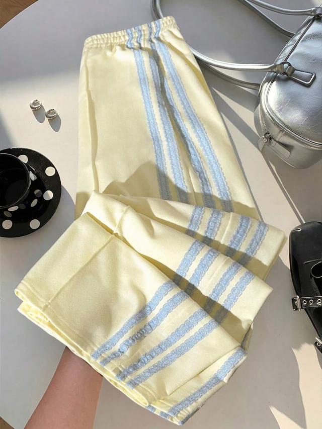 beige blue striped elastic waist wide leg sports pants