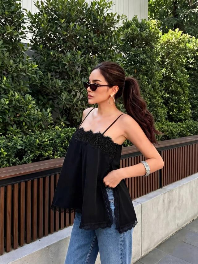 women's black satin lace trim spaghetti strap camisole