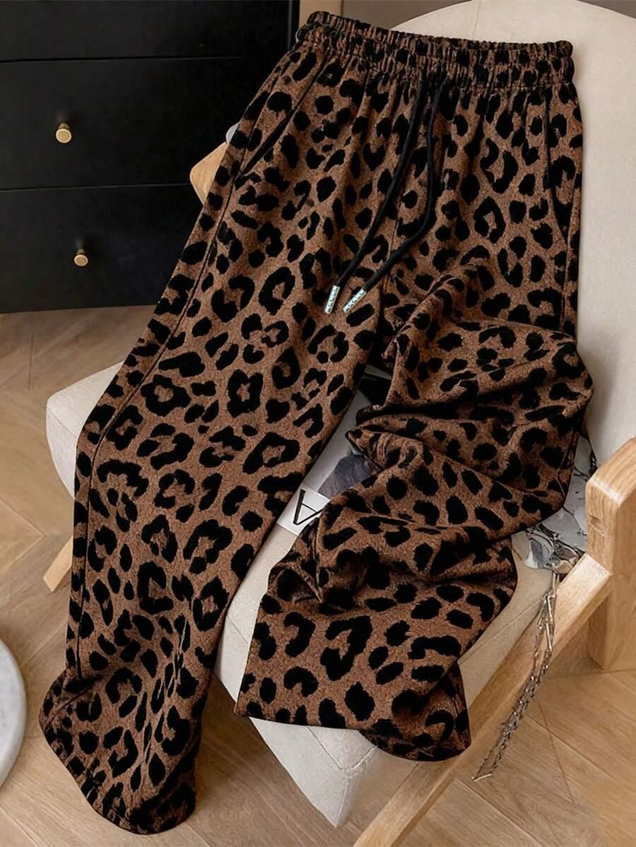 leopard print relaxed fit drawstring sweatpants