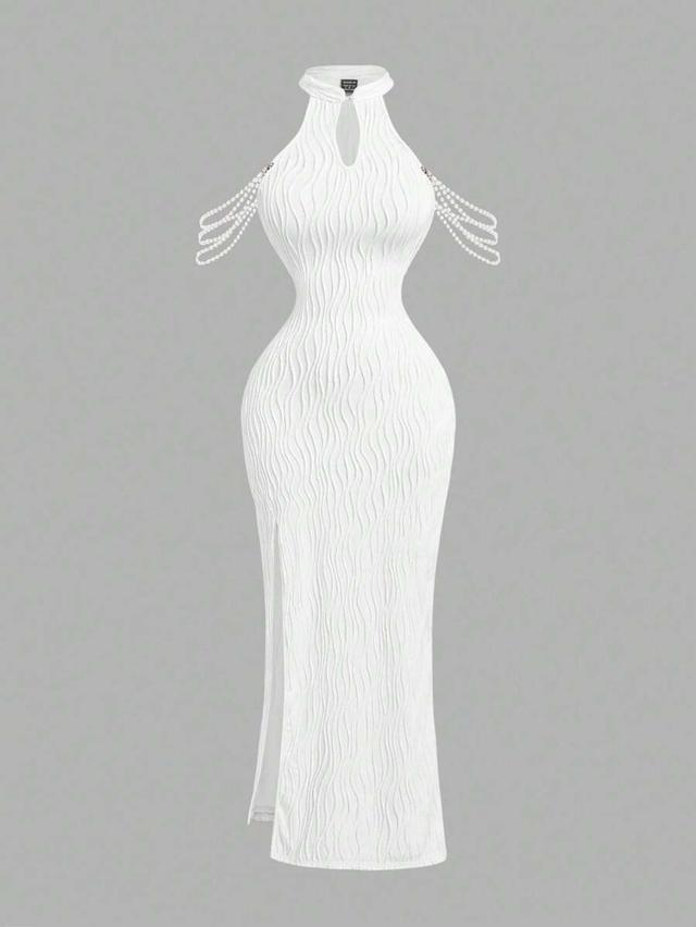 white textured jacquard pearl chain bodycon dress