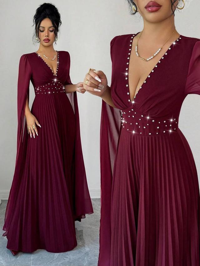 burgundy pleated chiffon v-neck waist cinched long sleeve dress