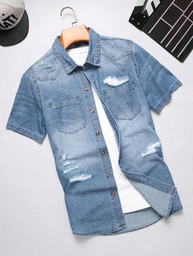 quarkem men ripped pocket patched denim shirt