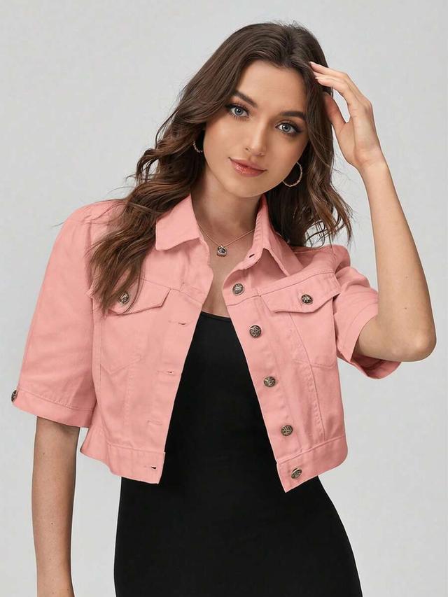 pink short sleeve cropped denim jacket