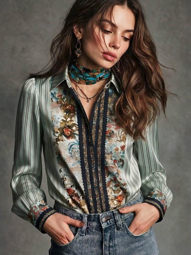 striped floral print silk blend button-up blouse