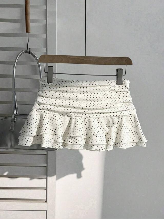 white polka dot ruffle hem mini skirt